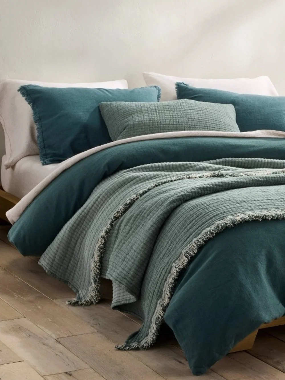 King Heavyweight Linen Blend Duvet Cover & Sham Set Dark Teal Blue -